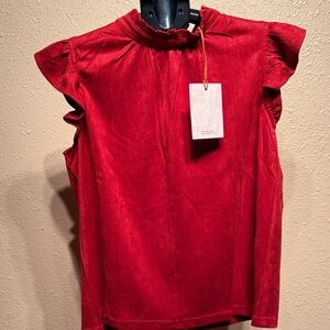 Red suede flutter sleeves back tie closure top blouse size medium by Voy NWT